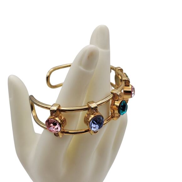 Modernist Crystal Wire Cuff Bracelet Multi Color Faux Gem Boho Bangle Open Work - Picture 4 of 8